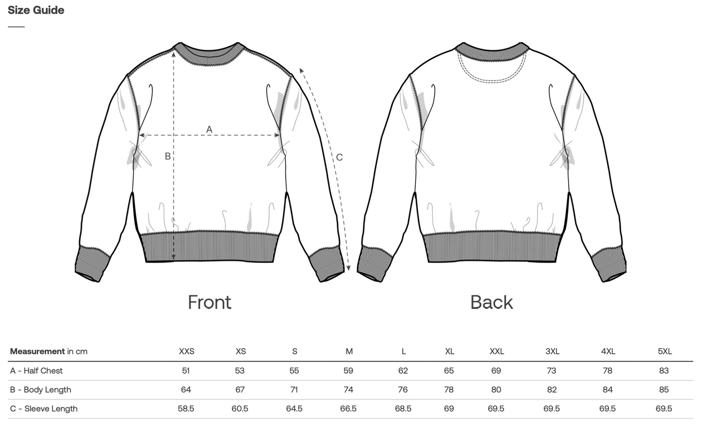 Sweatshirt size guide with front and back views and measurement chart.