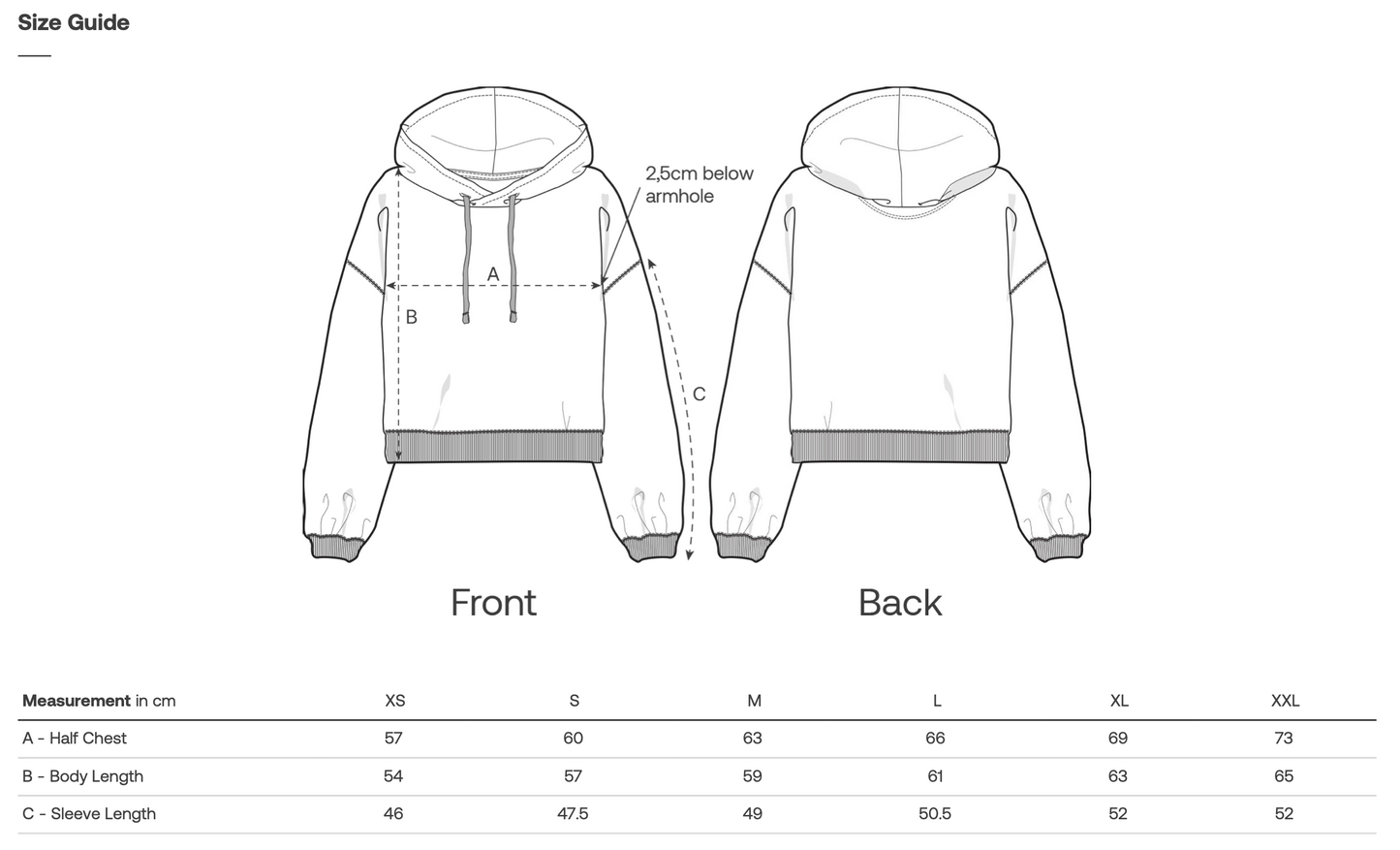 Hoodie size guide with front and back views and measurement chart.