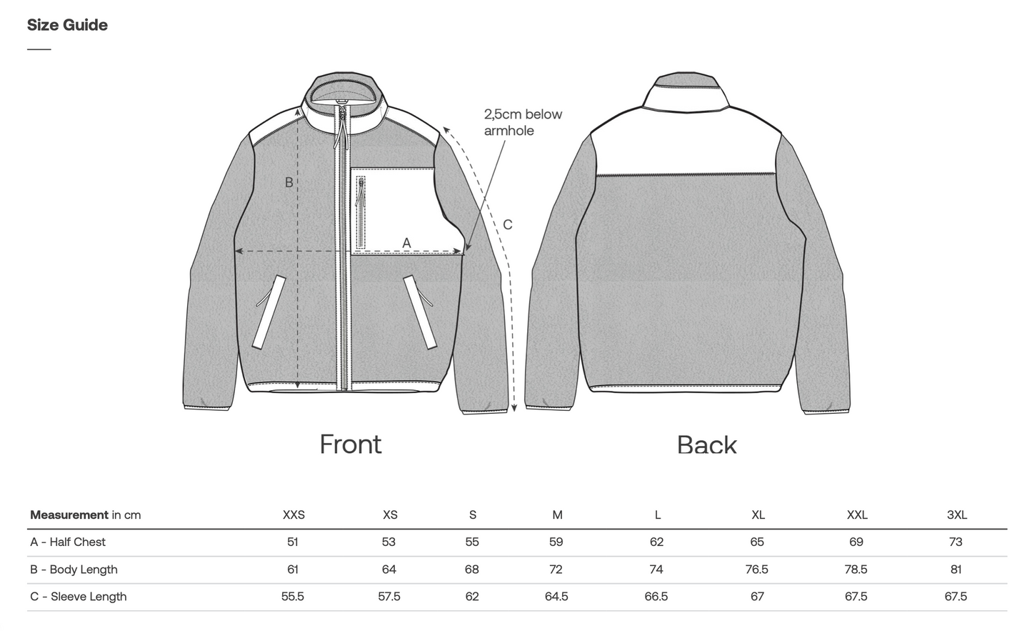 Size guide for a jacket showing front and back views with measurements.