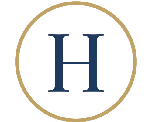 Logo with a blue 'H' inside a gold circle on a white background