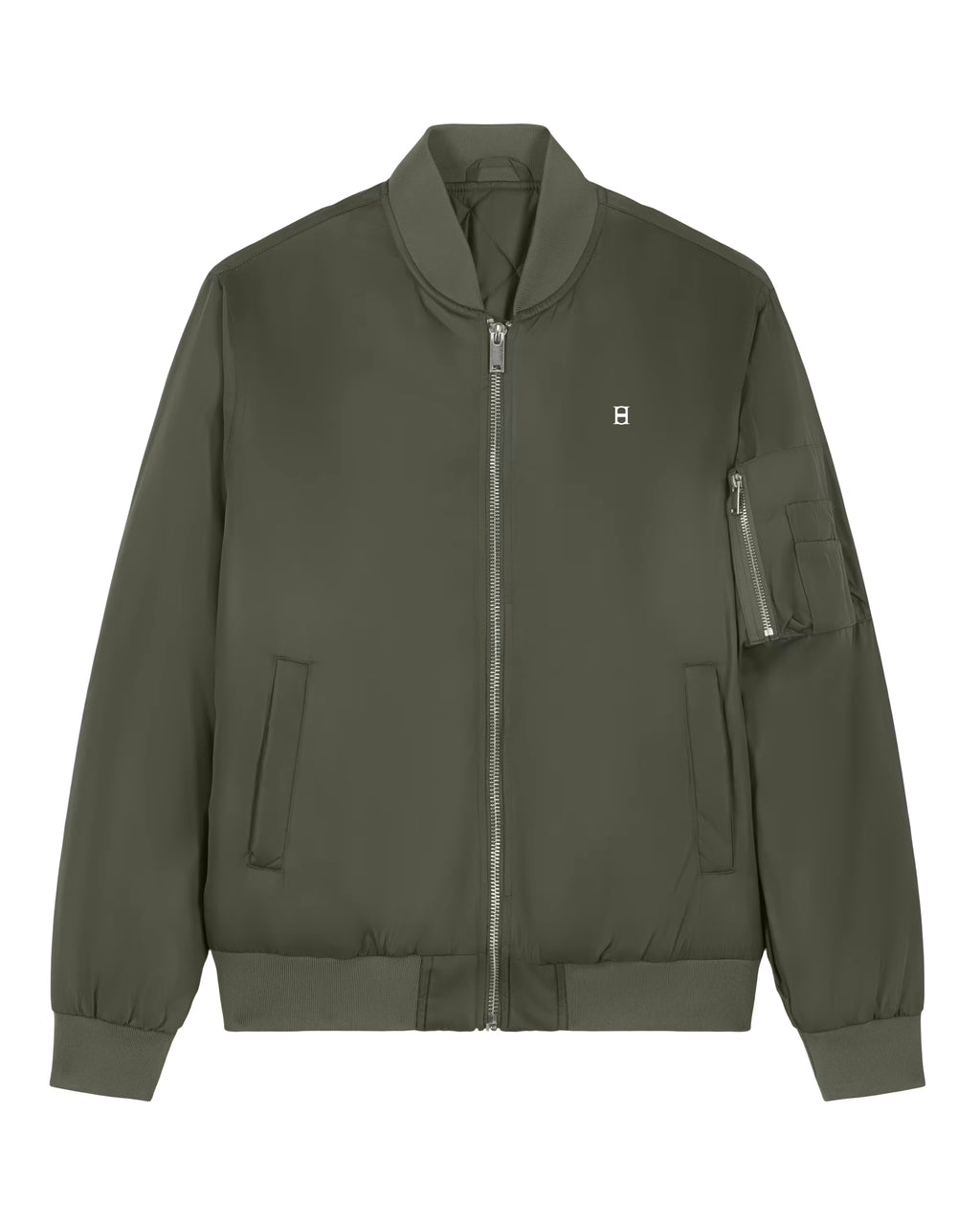 Green bomber jacket with a small logo on a white background