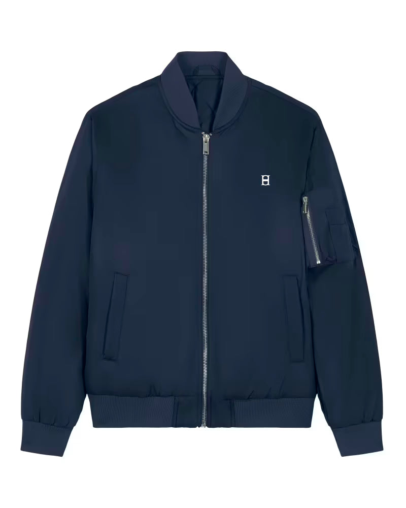 Navy blue bomber jacket with a small logo on a white background