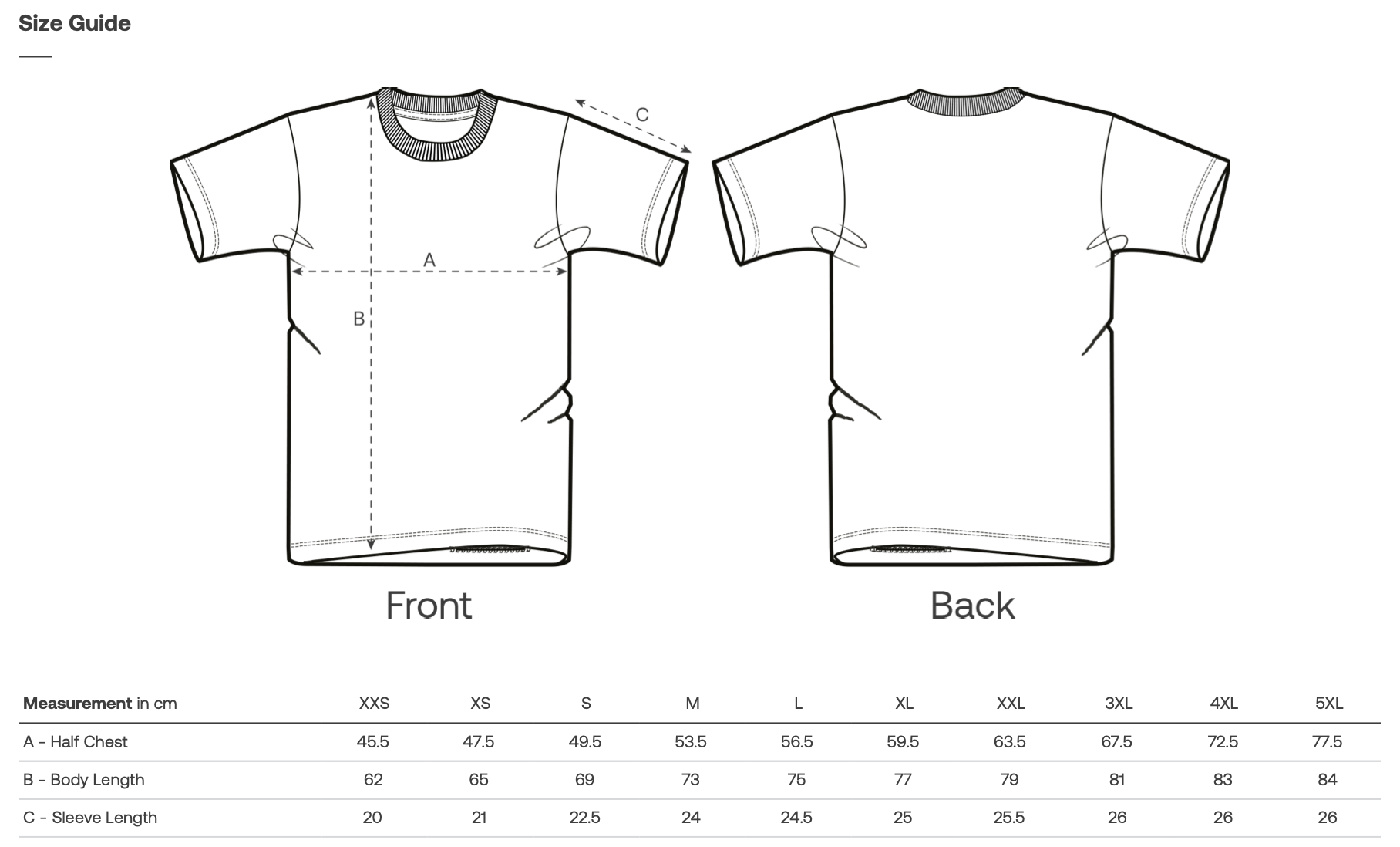 T-shirt size guide with front and back views and measurement chart.