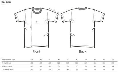 T-shirt size guide with front and back views and measurement chart.