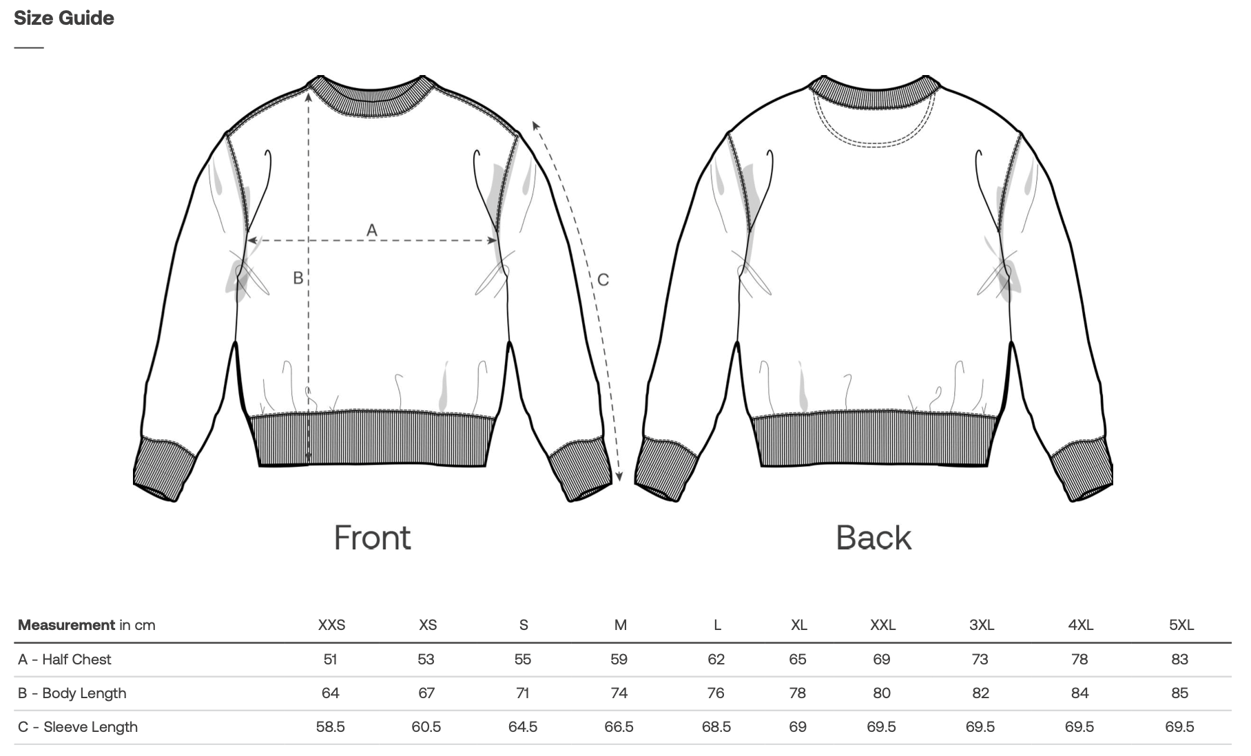 Sweatshirt size guide with front and back views and measurement chart.