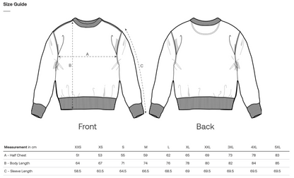 Sweatshirt size guide with front and back views and measurement chart.