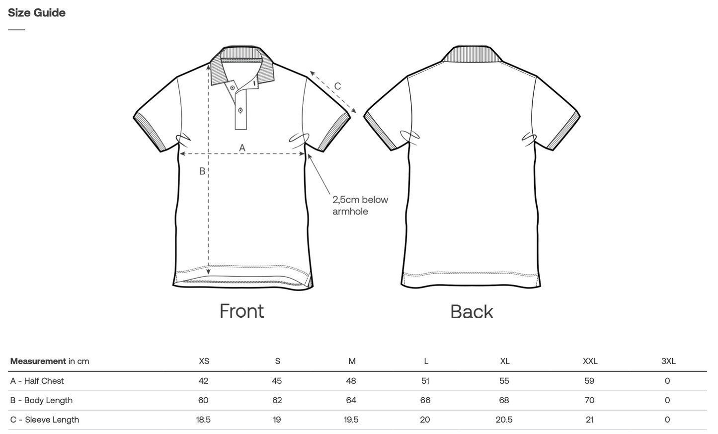 Polo shirt size guide with front and back views and measurement details.