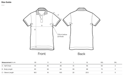 Polo shirt size guide with front and back views and measurement details.