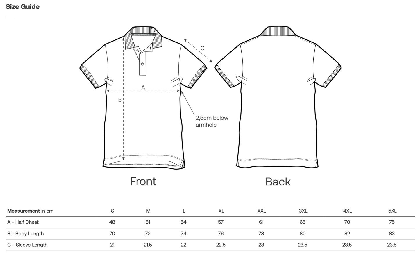 Polo shirt size guide with front and back views and measurement chart.