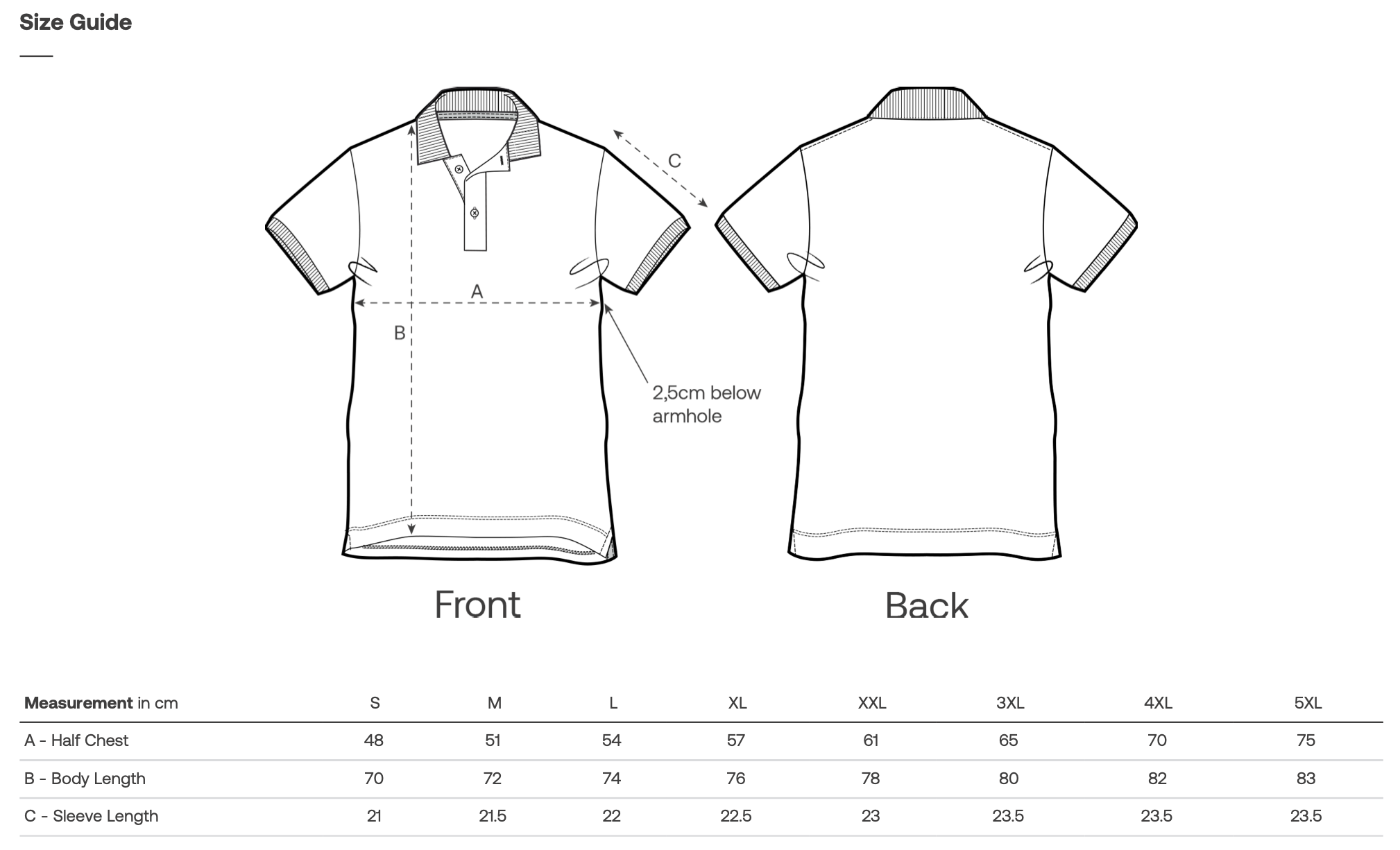 Polo shirt size guide with front and back views and measurement chart.
