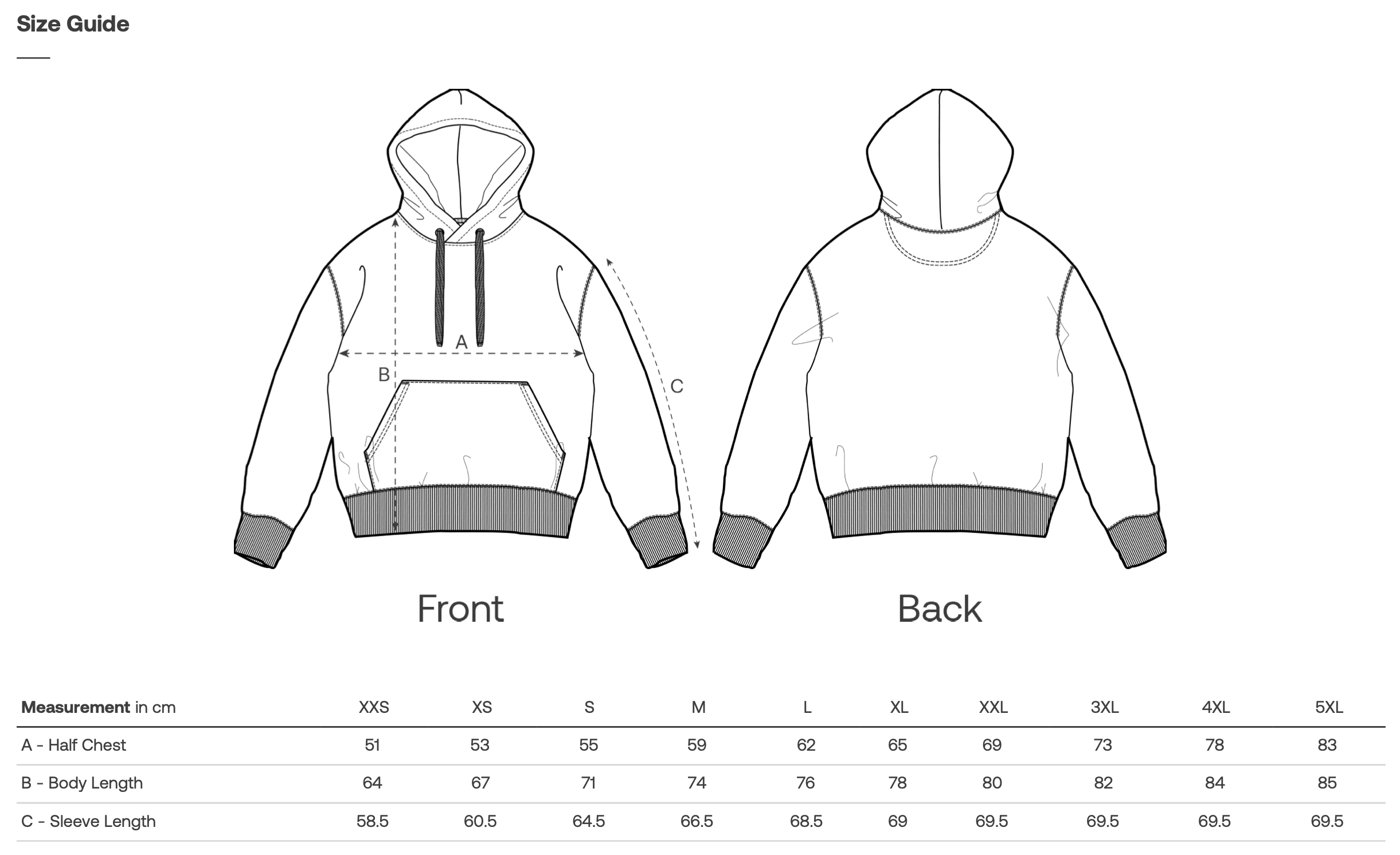 Size guide for a hoodie showing front and back views with measurements.