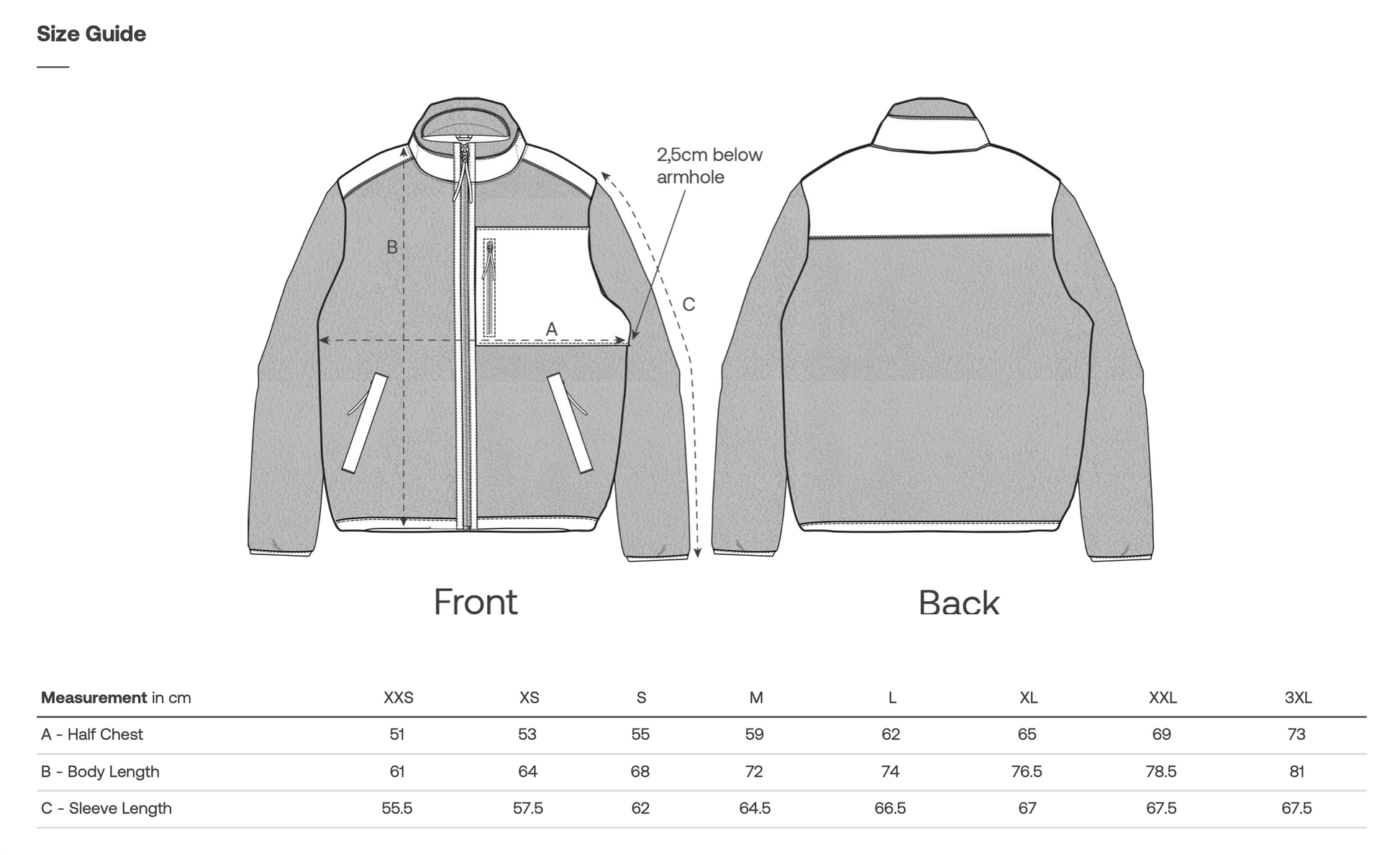 Size guide for a jacket showing front and back views with measurements.