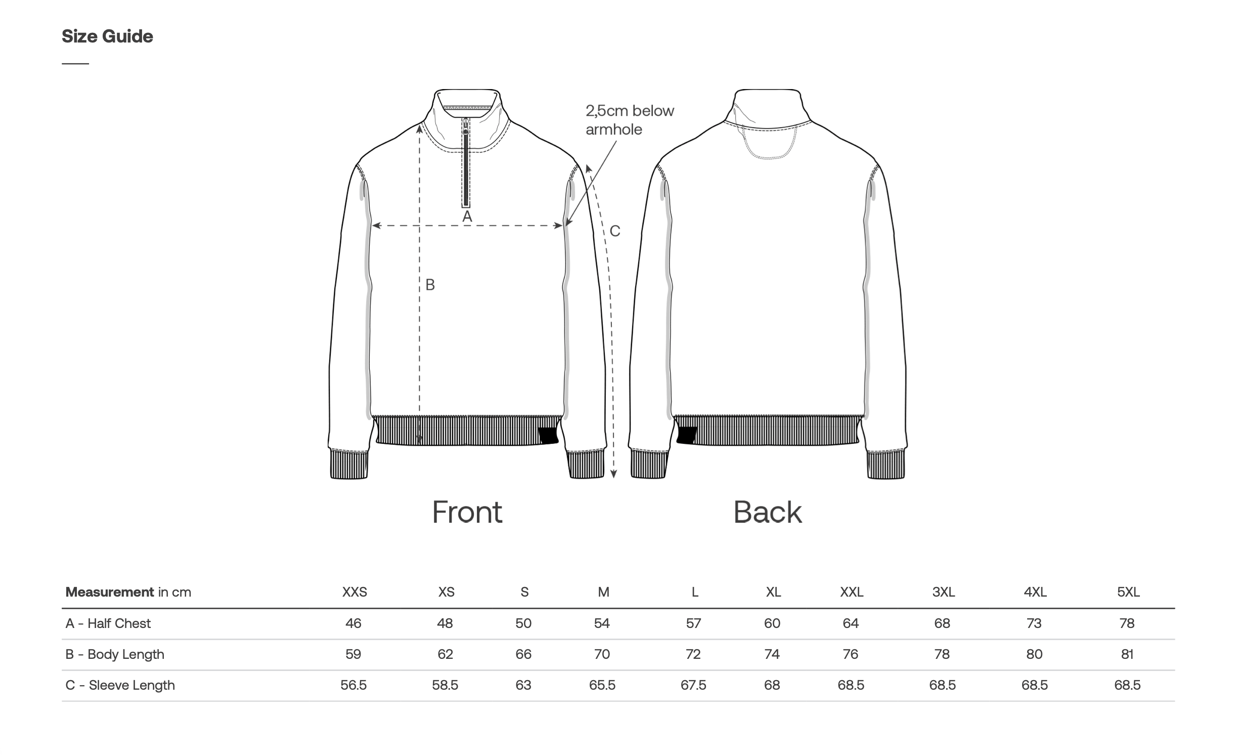 Size guide for unisex quarter-zip, displaying measurements for different sizes including front and back views.
