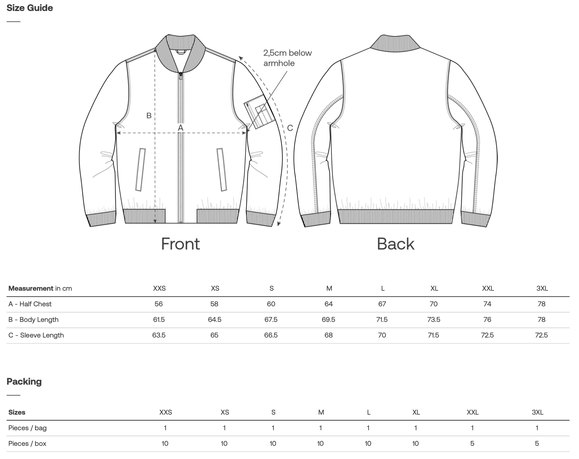 Size guide for Bomber Jacket including front and back views, and detailed measurements for all sizes.