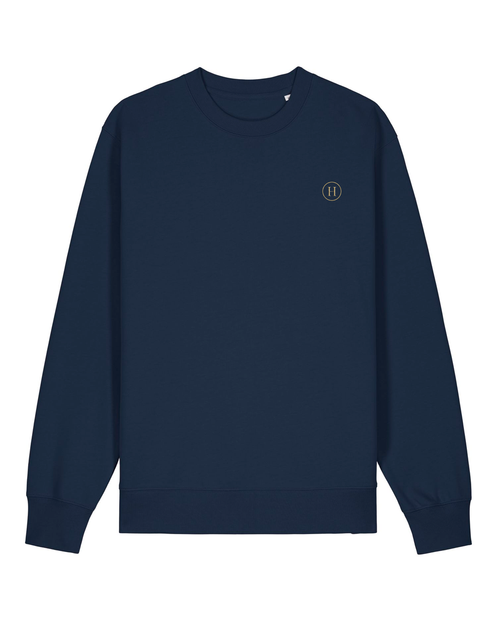 Navy blue sweatshirt with a small logo on a white background