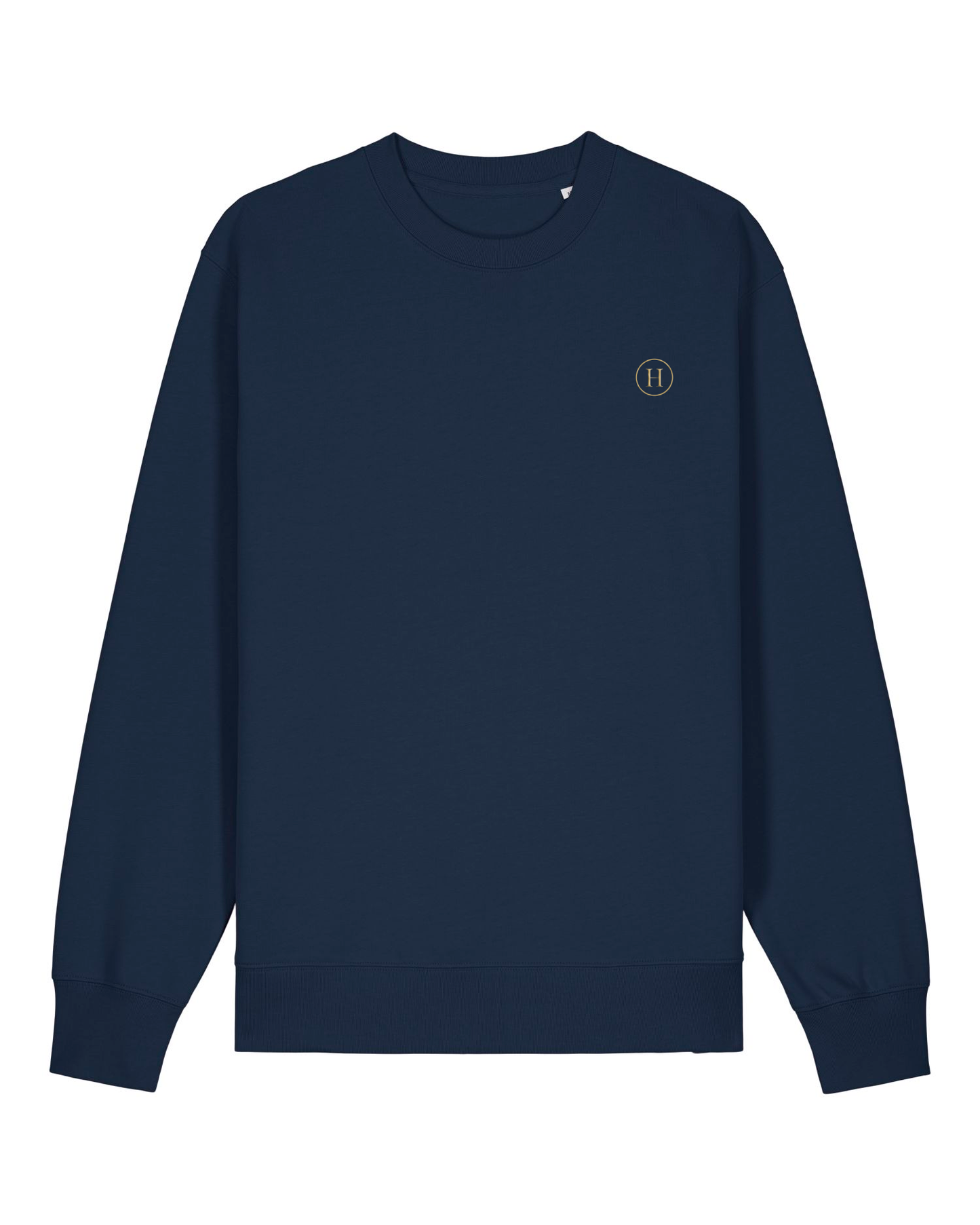 Navy blue sweatshirt with a small logo on a white background