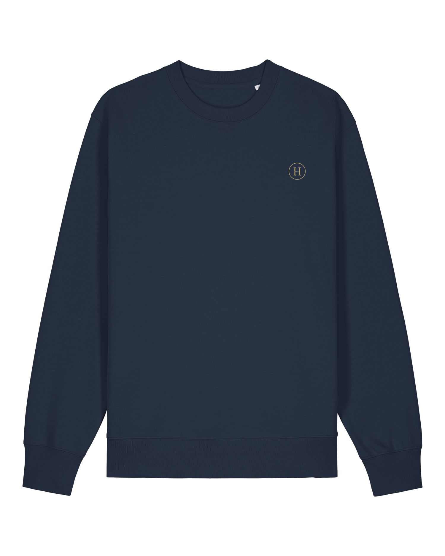 Navy blue sweatshirt with a small logo on a white background