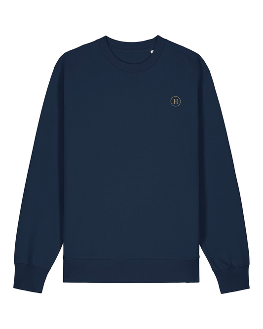 Navy blue sweatshirt with a small logo on a white background