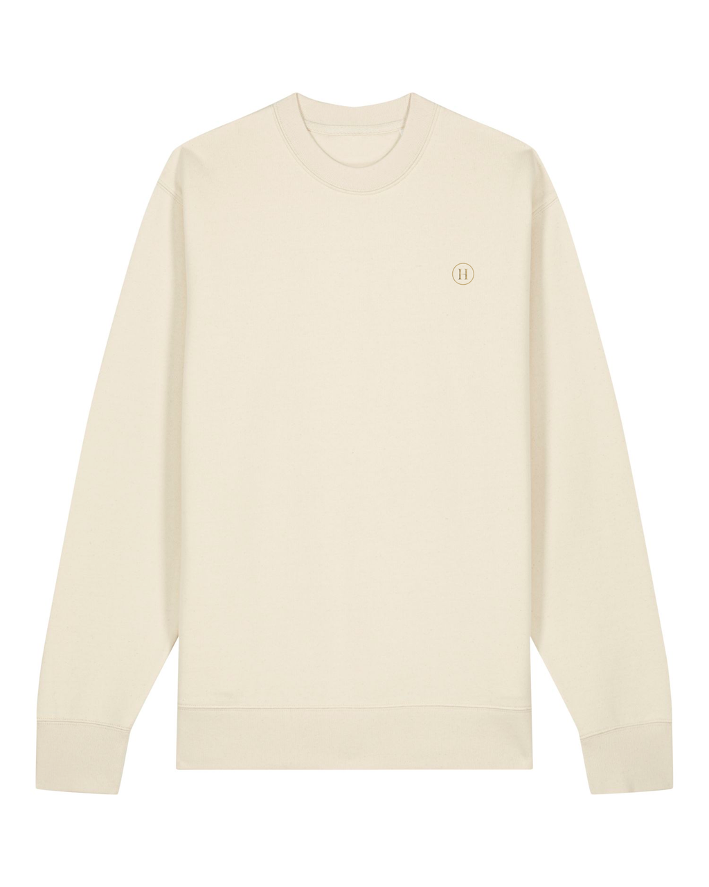Beige long-sleeve shirt with a small logo on a white background