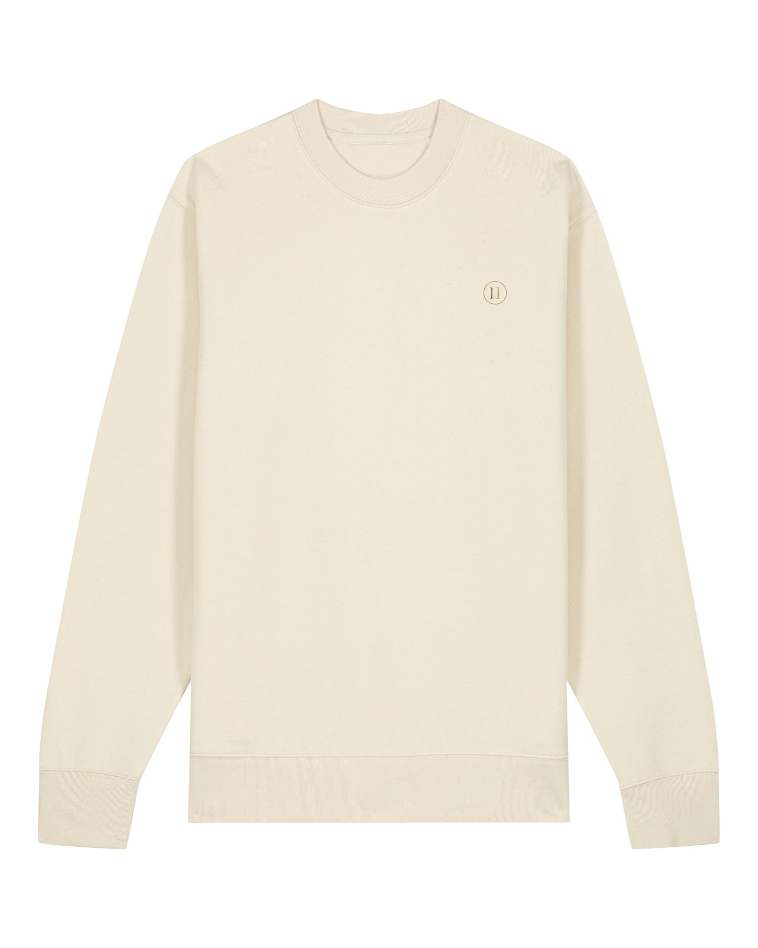 Beige long-sleeve shirt with a small logo on a white background