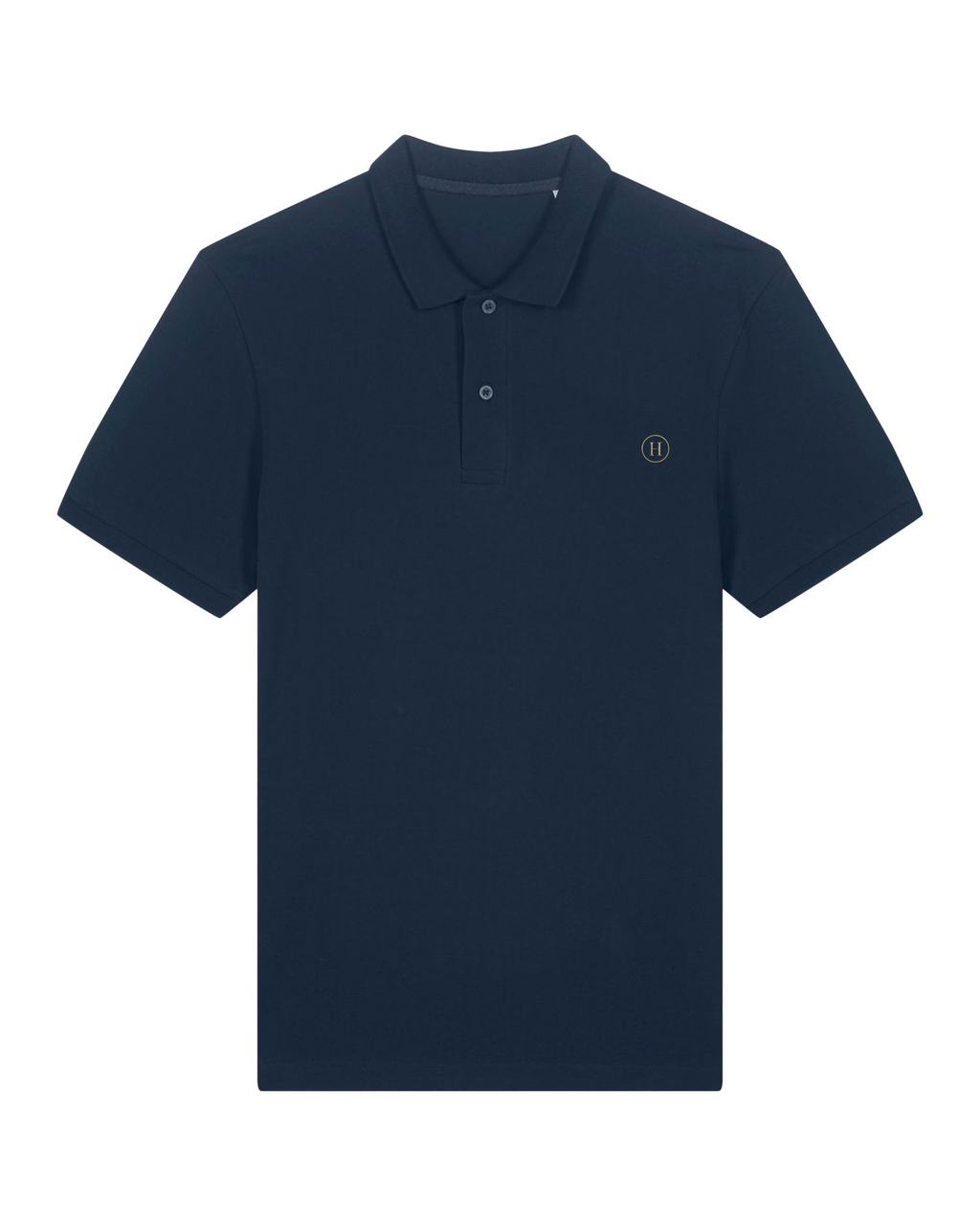 Navy blue polo shirt with a small logo on a white background