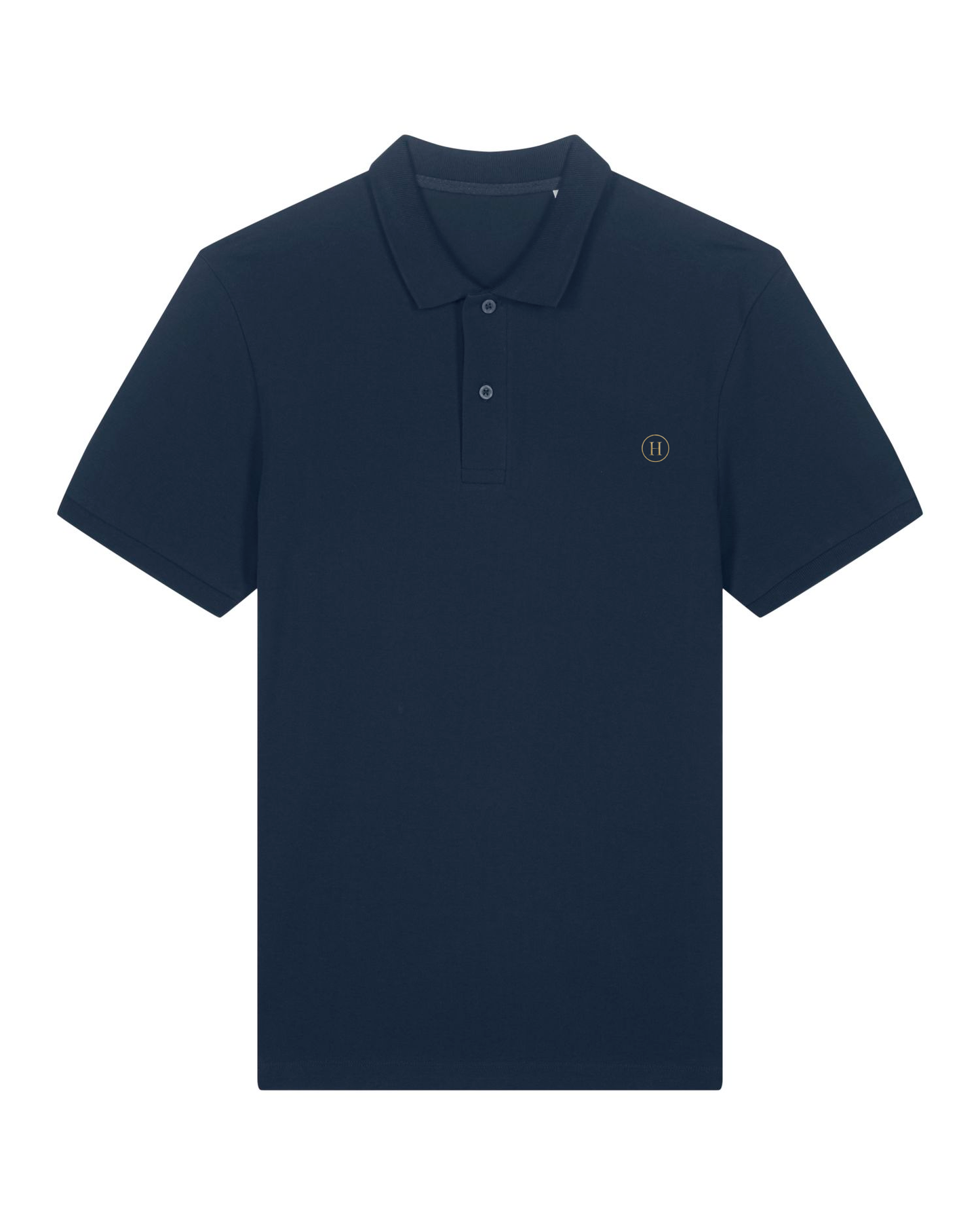 Navy blue polo shirt with a small logo on a white background