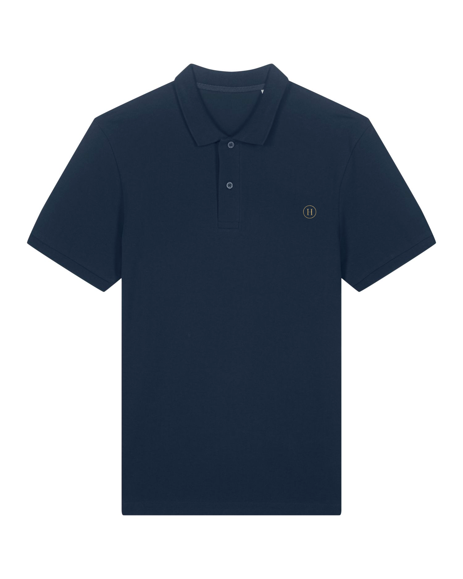 Navy blue polo shirt with a small logo on a white background