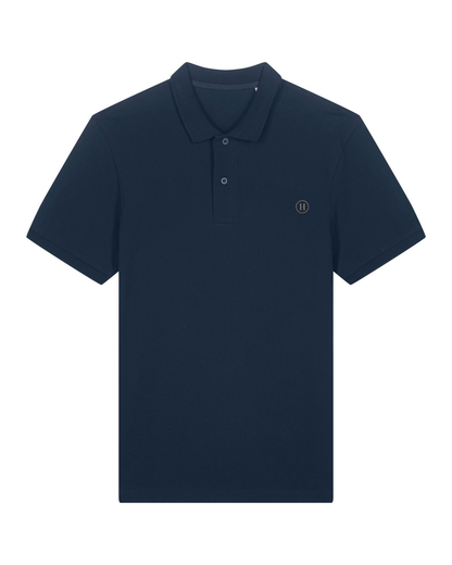 Navy blue polo shirt with a small logo on a white background