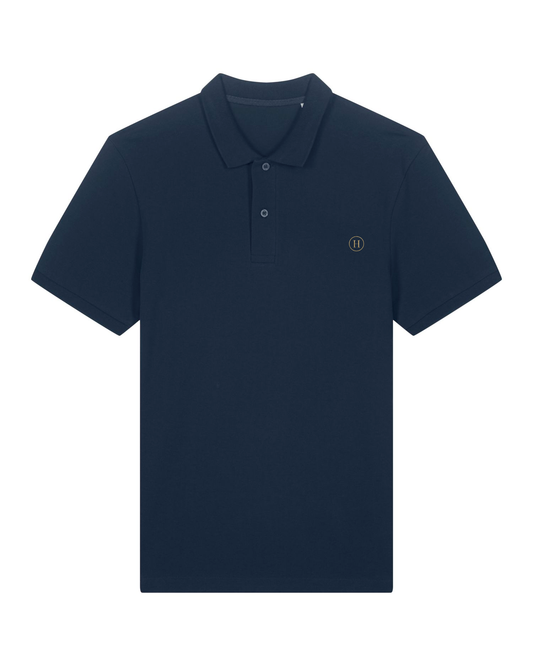 Navy blue polo shirt with a small logo on a white background
