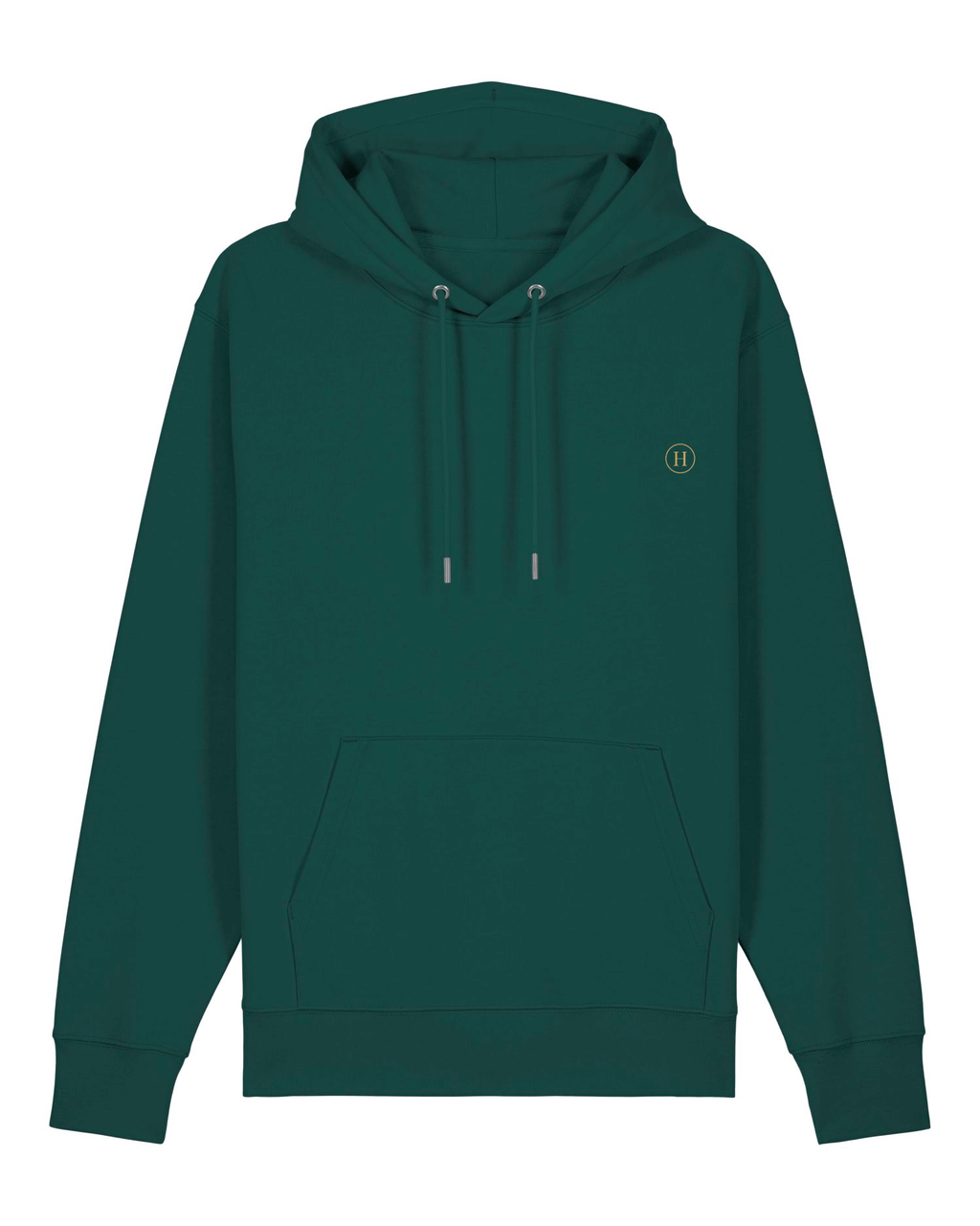 Green hoodie with a small logo on a white background