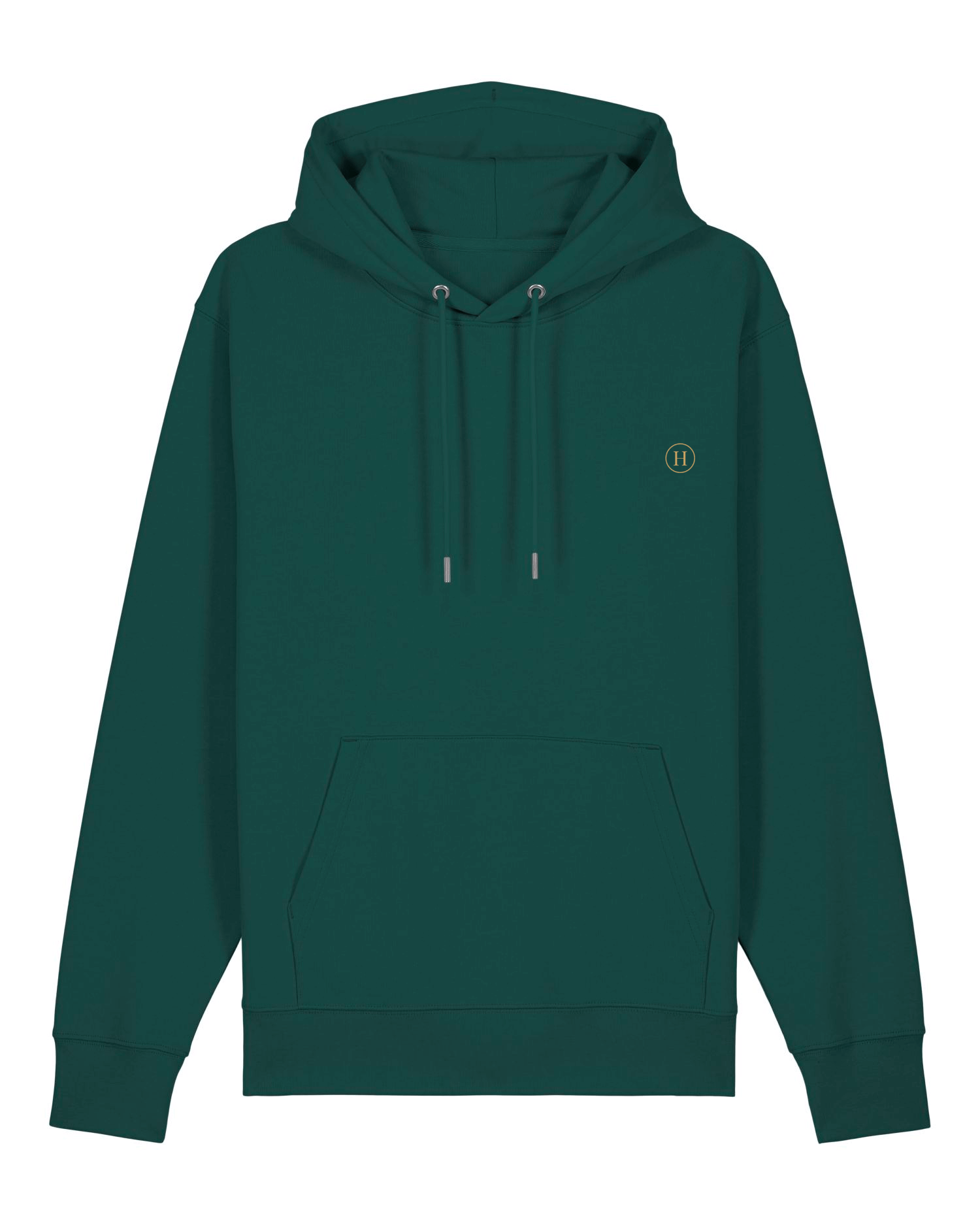 Green hoodie with a small logo on a white background