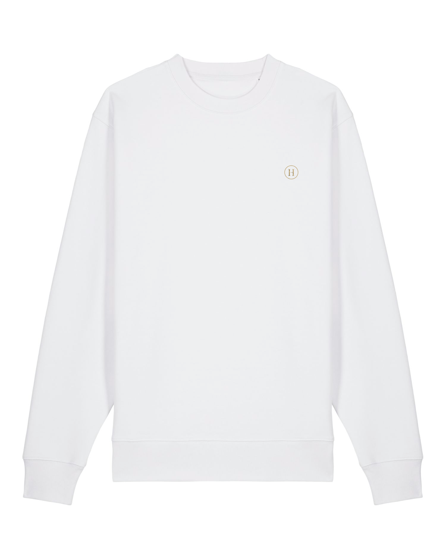 White sweatshirt with a small logo on a white background