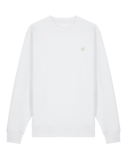 White sweatshirt with a small logo on a white background