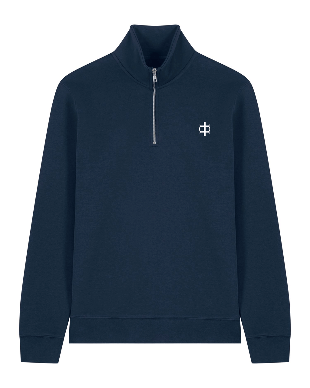 Unisex quarter-zip in navy, featuring a high collar and partial zip for adjustable comfort and style.