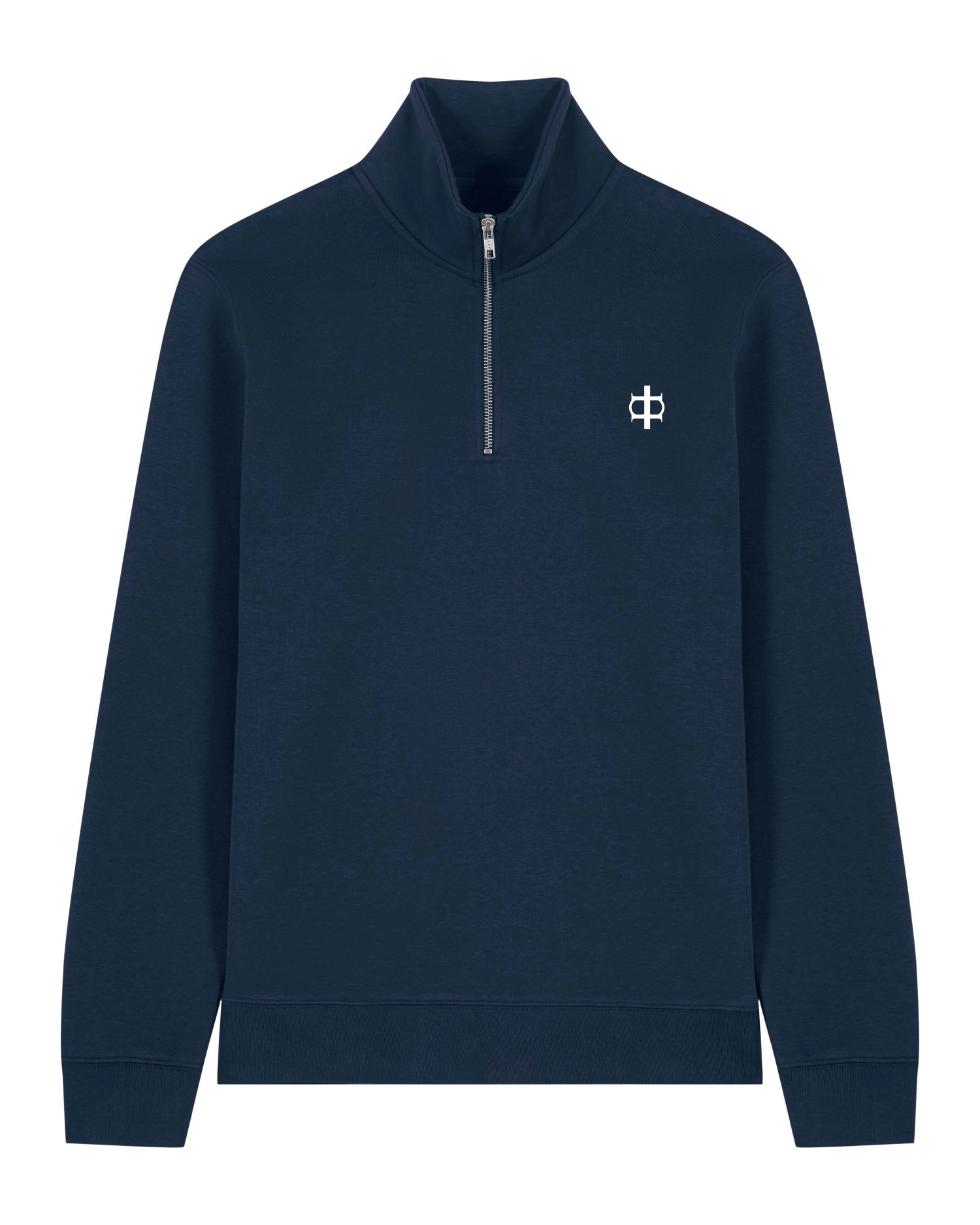 Unisex quarter-zip in navy, featuring a high collar and partial zip for adjustable comfort and style.