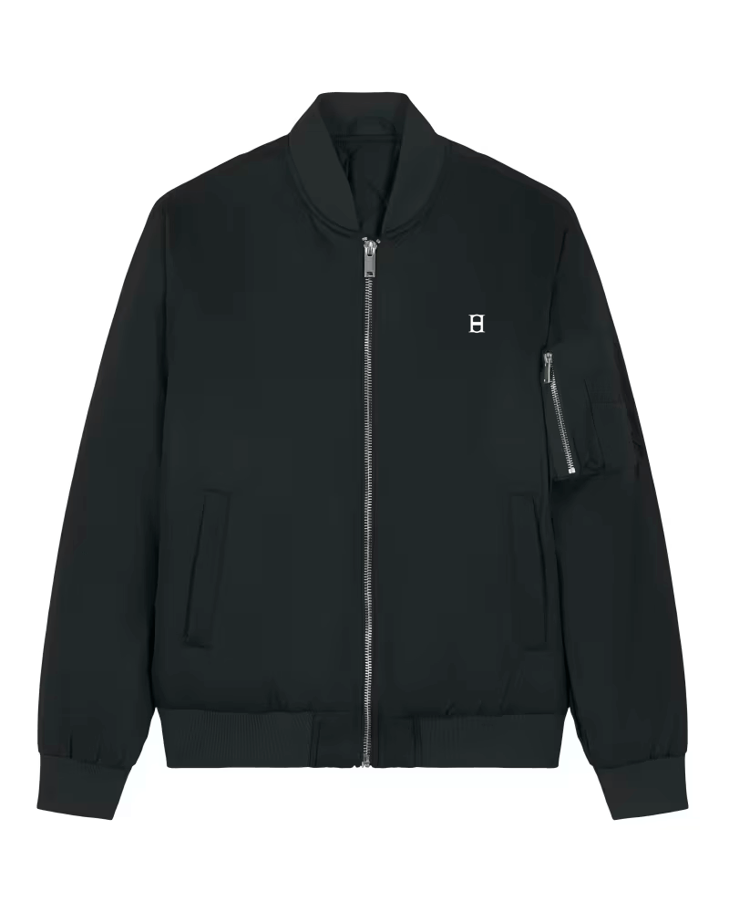 Stylish black Bomber Jacket with zip closure and side pockets for modern casual wear.