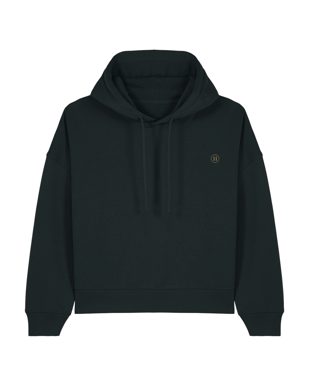 Black hoodie with a small logo on a white background
