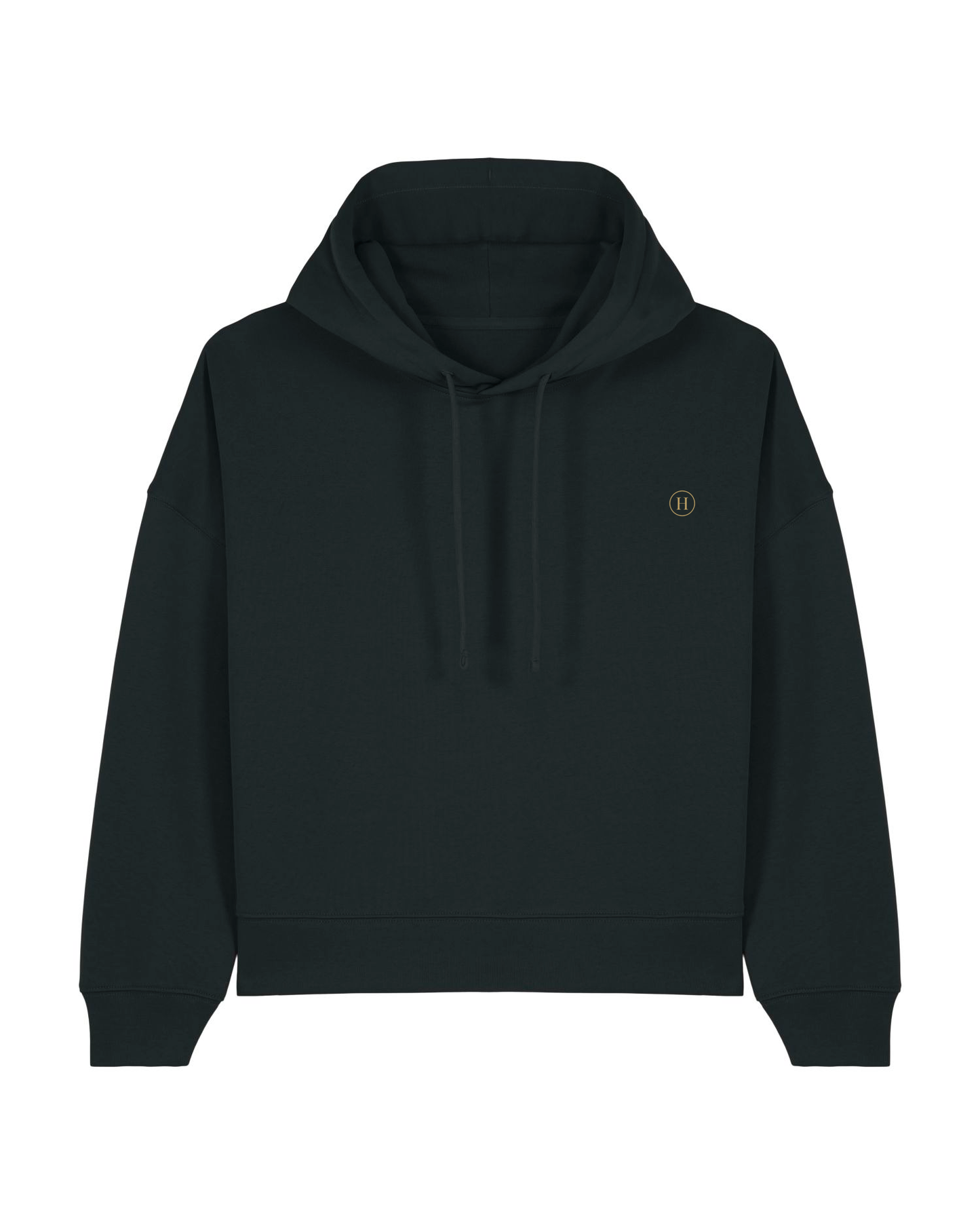Black hoodie with a small logo on a white background