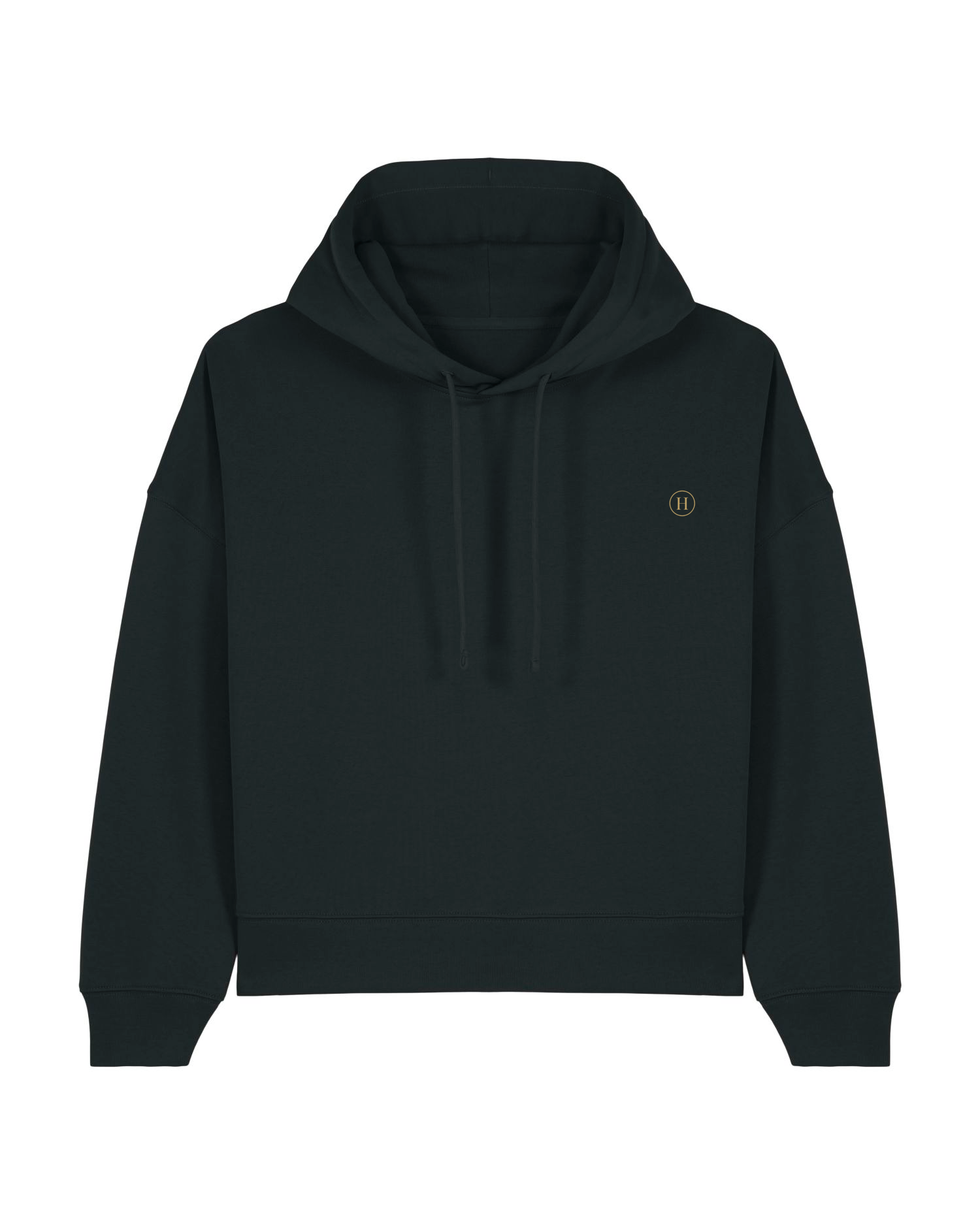 Black hoodie with a small logo on a white background