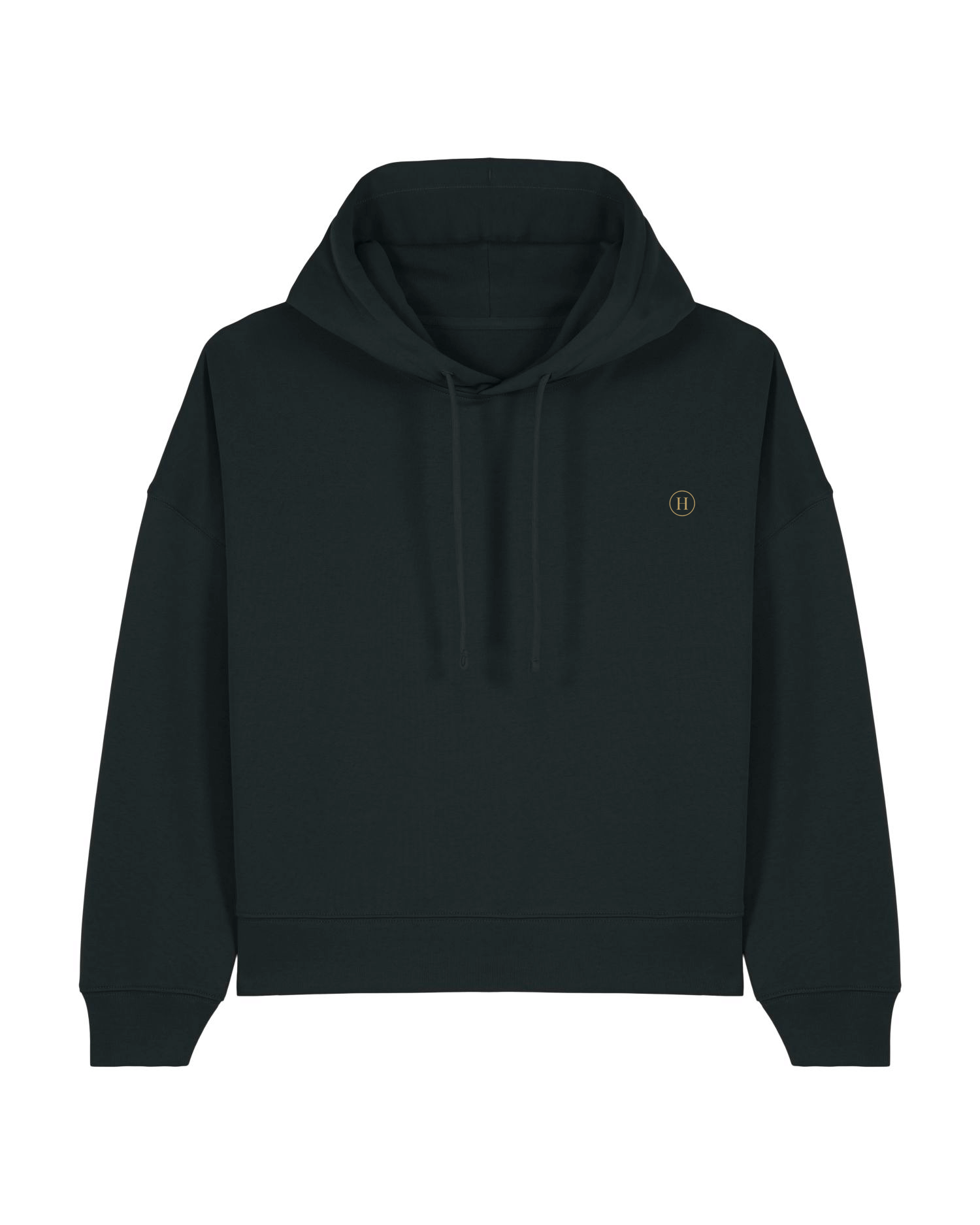 Black hoodie with a small logo on a white background