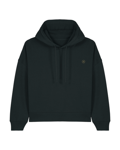 Black hoodie with a small logo on a white background