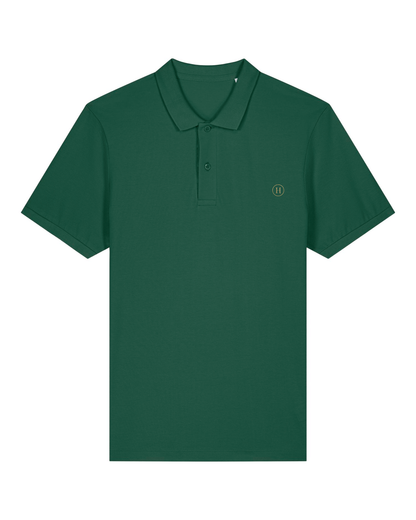Green polo shirt with a small logo on a white background