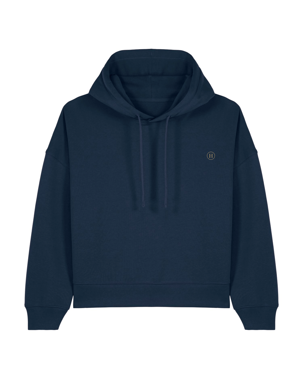 Navy blue hoodie with a small logo on the chest against a white background