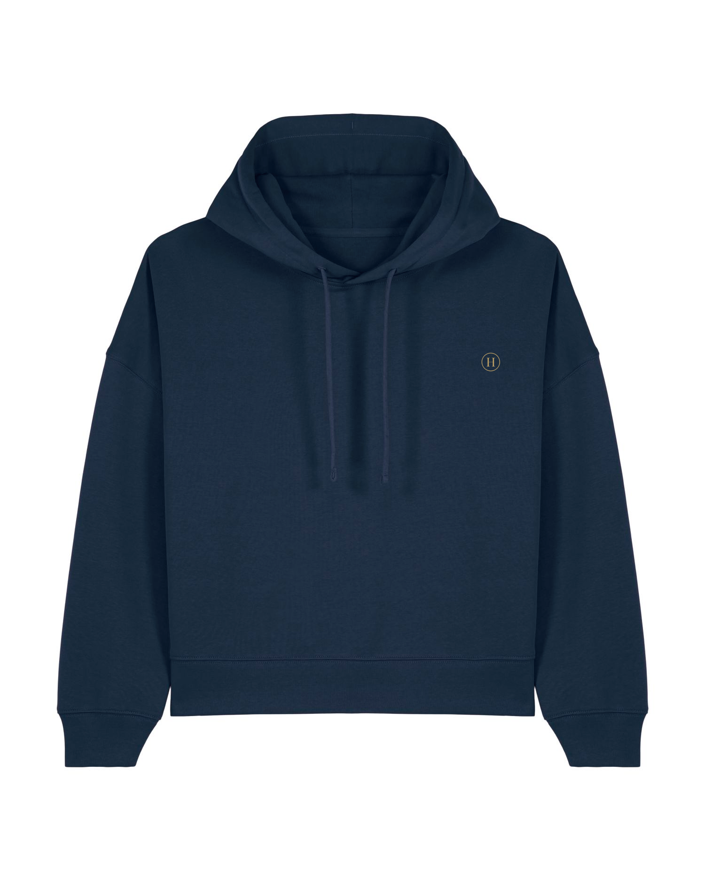 Navy blue hoodie with a small logo on the chest against a white background