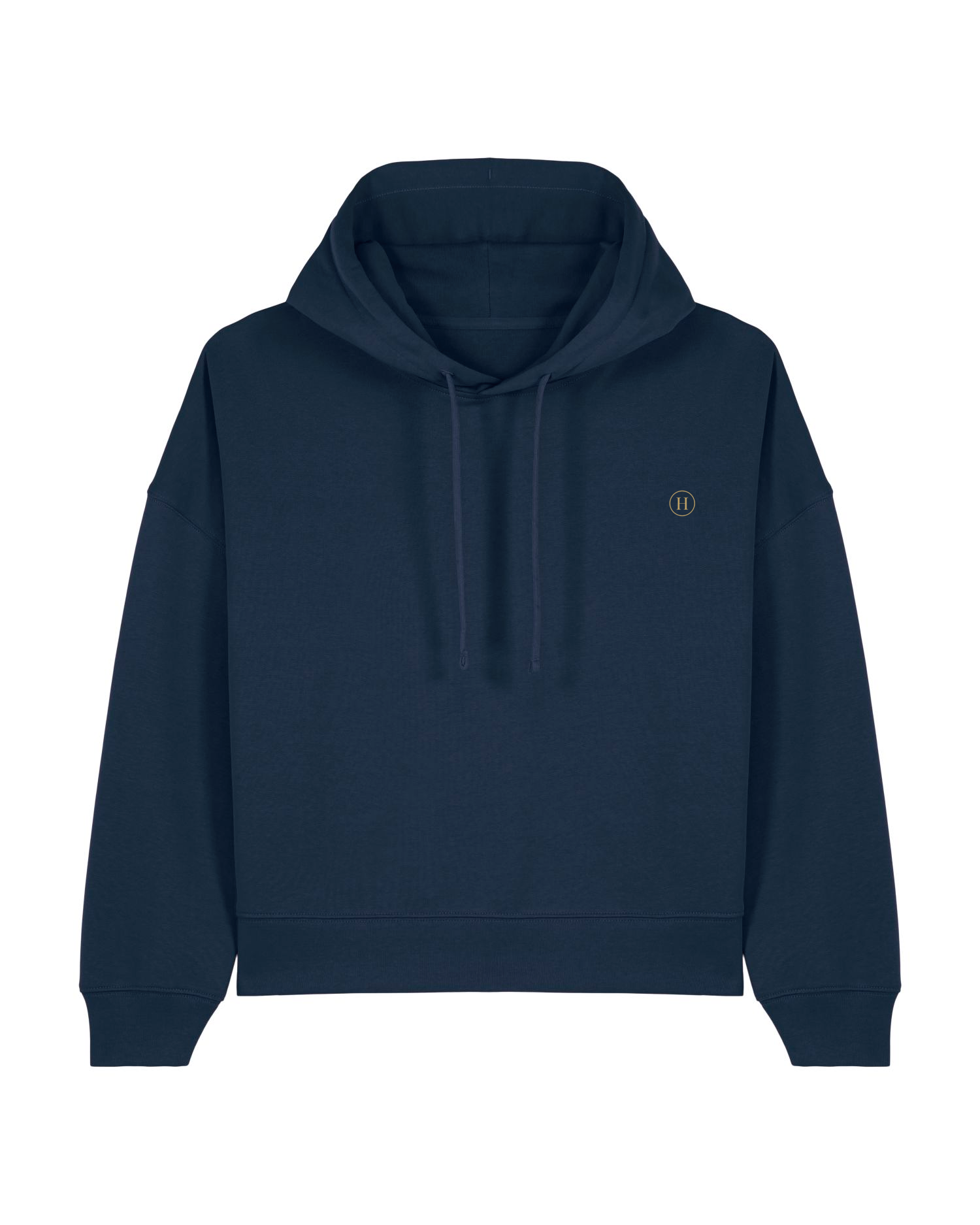 Navy blue hoodie with a small logo on the chest against a white background