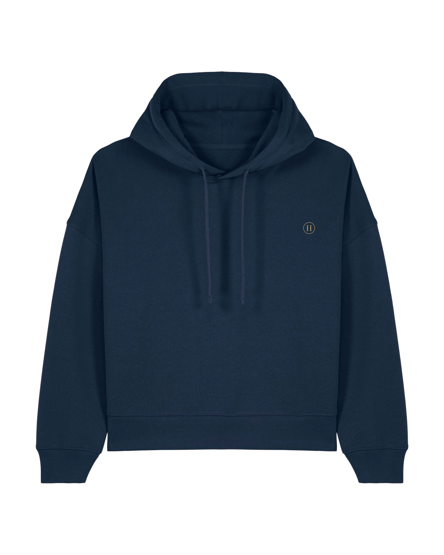 Navy blue hoodie with a small logo on the chest against a white background