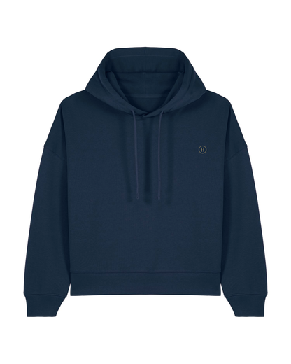 Navy blue hoodie with a small logo on the chest against a white background