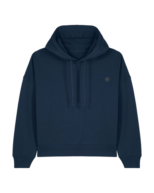 Navy blue hoodie with a small logo on the chest against a white background