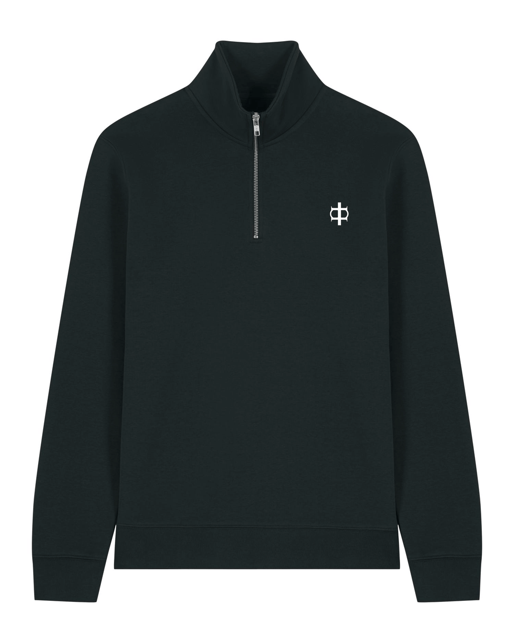 Unisex quarter-zip in black with high collar and partial zip design for comfort and style.