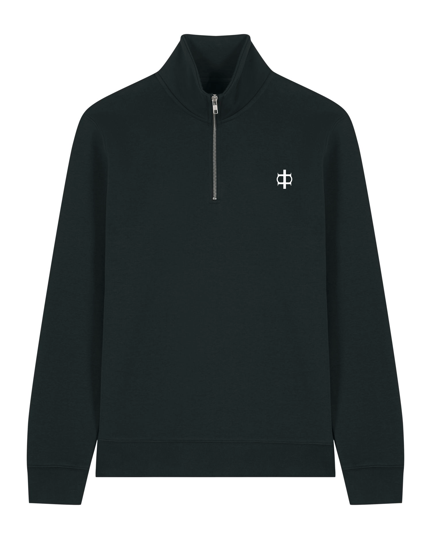 Unisex quarter-zip in black with high collar and partial zip design for comfort and style.